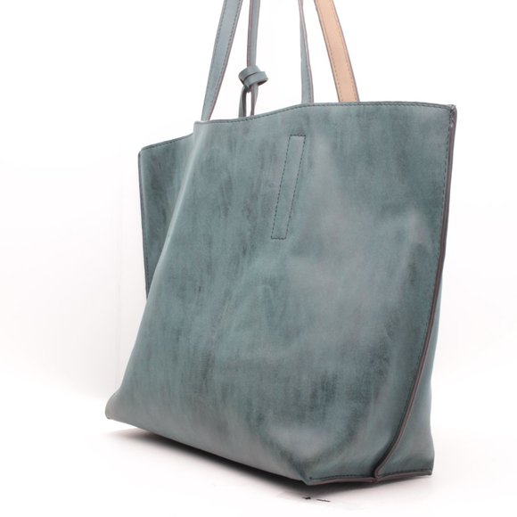 Reversable Beach Bag Shopping Tote Oversize Purse + Small Bag Blue-Green/Tan - Picture 5 of 16